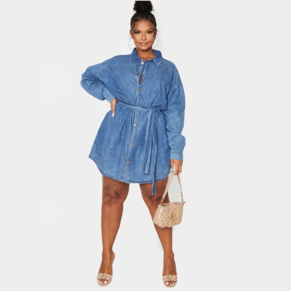 Mid Blue Wash Belt Detail Denim Dress